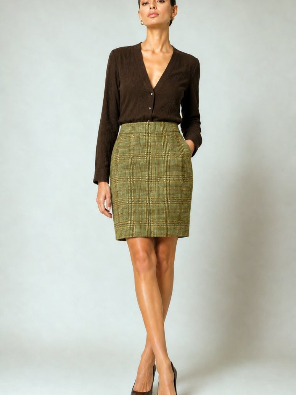 Vintage 'Escada' Houndstooth Olive Green Tweed Plaid Pencil Skirt – EU 38 (US 6)